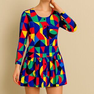 Vintage Ribkoff Jumpsuit Dress 80s Colorblock Pleated Memphis Artsy Size Small